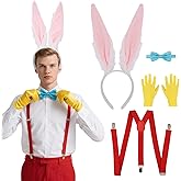 4 Pcs Bunny Rabbit Costume Men Bunny Ear Headband Bow Tie Glove Y Back Adjustable Suspender for Halloween Adult Cosplay
