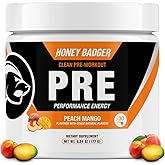 Honey Badger Pre Workout Powder, Keto Vegan Preworkout for Men & Women, Beta Alanine & Caffeine, Sugar Free Natural Energy Supplement, Peach Mango, 30 Servings