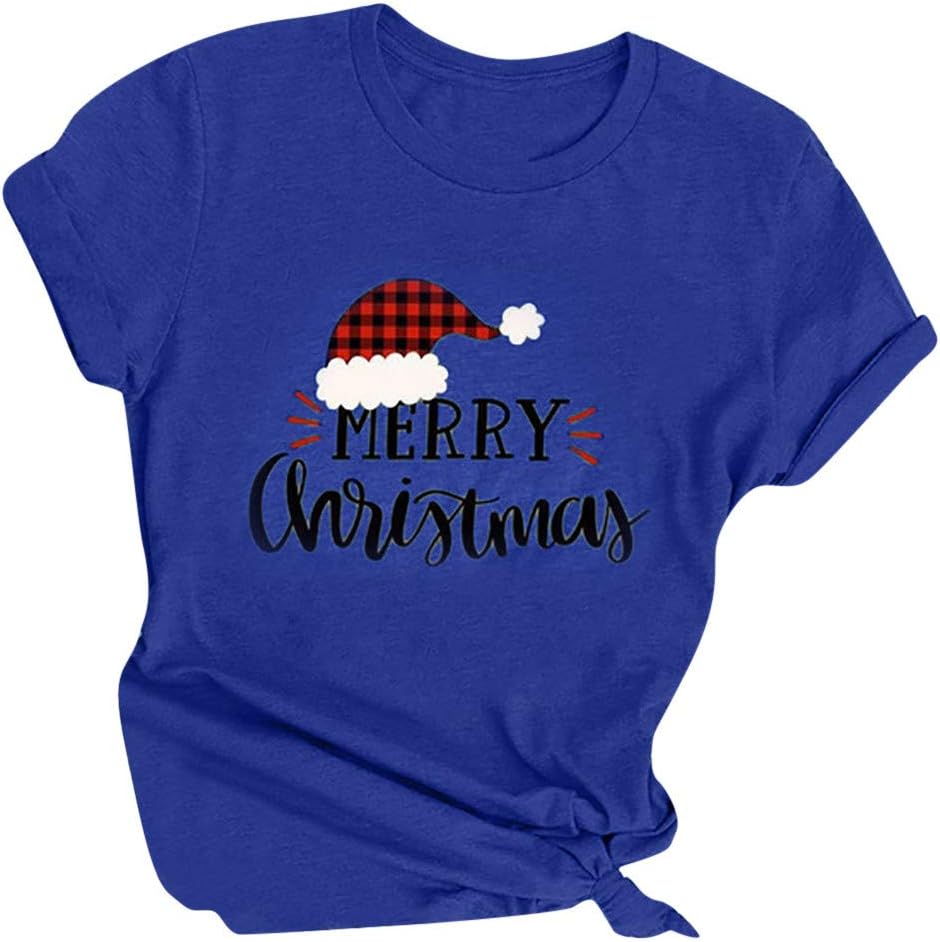 KOZIEE Vintage Printed Top Women T-Shirt Girl Casual Basic Short Sleeve - Merry Christmas - Letter Printed Tees Shirt Knitwear Sweatshirt Ladies Pullover Vintage Casual Jumper