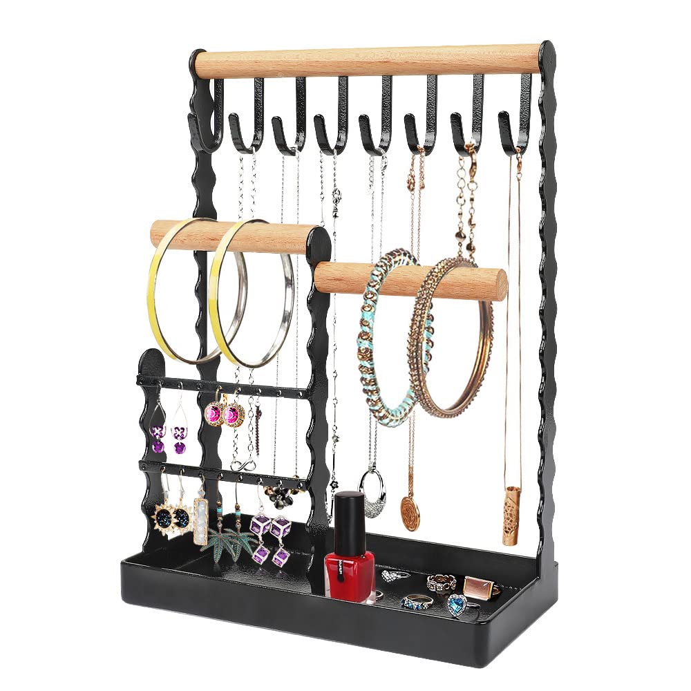 Jewelry Rack,Necklace Holder Earring Display Stand Jewelry Tree with Wooden Ring Tray and Hooks Storage Necklaces, Bracelets, Rings, Watches Metal Desk Organizer Stand.