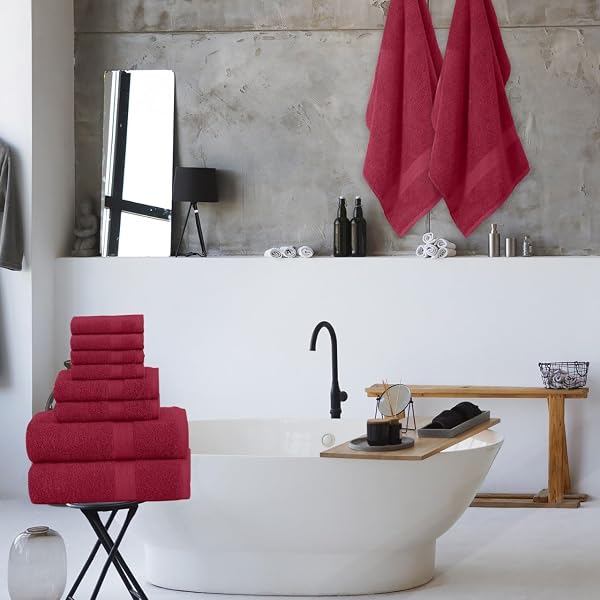 QUBA LINEN PACK OF 8 TOWELS SET, 2 LARGE BATH TOWELS, 2 HAND TOWELS, 4 WASH CLOTHS, 100% COTTON, LIGHTER WEIGHT, QUICKER TO DRY, SUPER ABSORBENT, PERFECT FOR BATHROOM (BURGANDY)