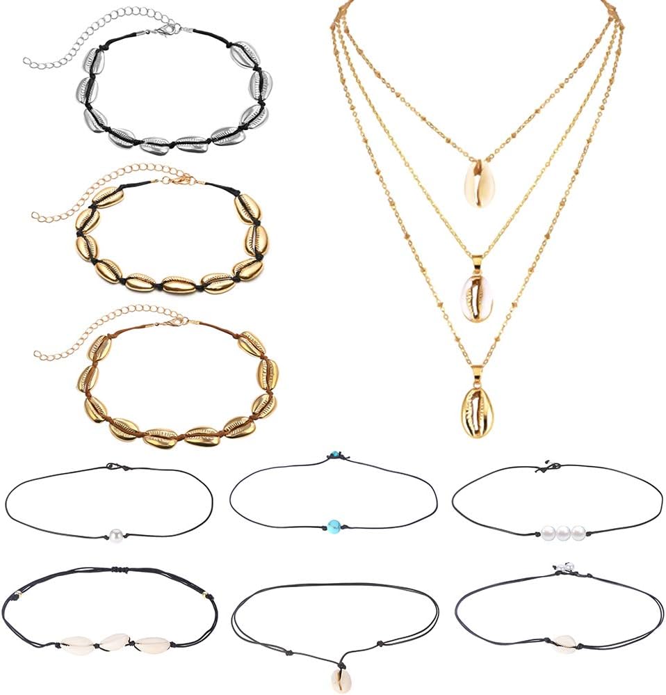 Bolonbi 10 Pieces Shell Choker, Hawaiian Beach Necklace Choker Adjustable Seashell Pearls Necklace Bohemian Clavicle Chain for Women Girls