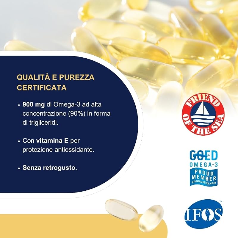 Omega 3 IFOS 5 Stelle 90 cps - Olio di Pesce Omega 3 1000mg - Ricco di EPA e DHA - Senza Retrogusto, Facile da Digerire, Privo di Metalli Pesanti