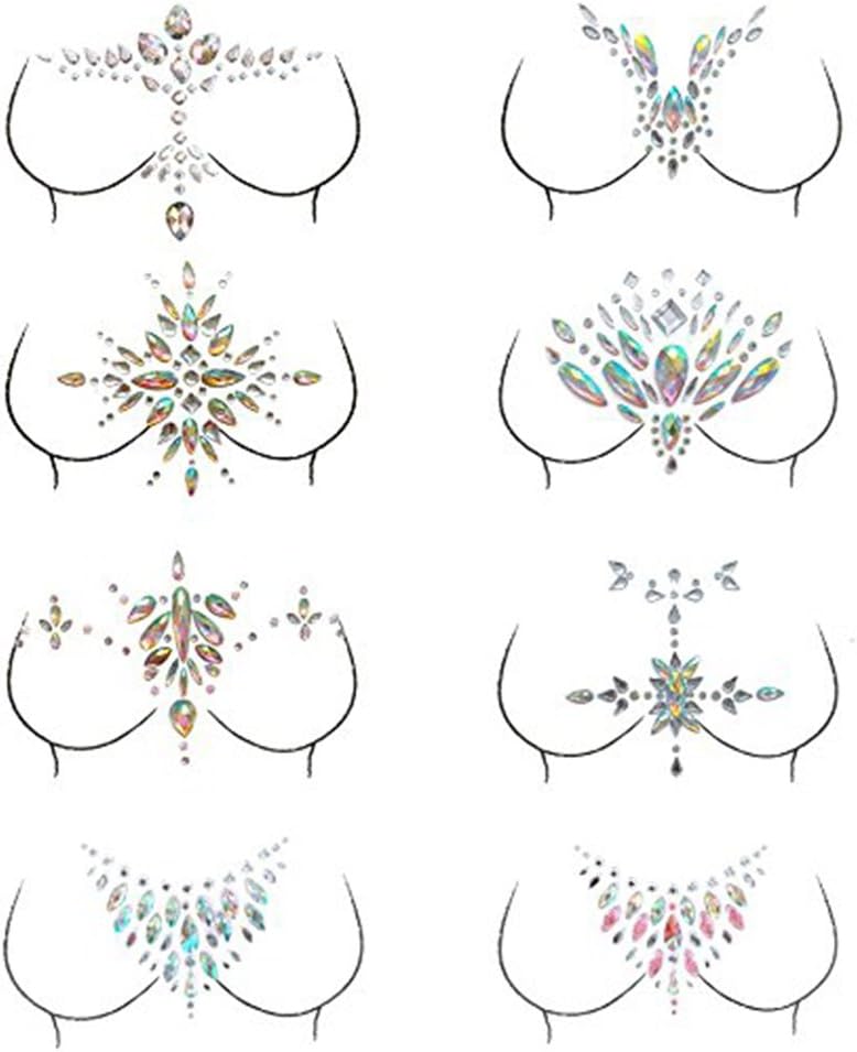 Face Gems,Women Mermaid Rave Festival Glitter, Rhinestone Temporary Tattoo Face Jewels Crystals Face Stickers Eyebrow Face Body Jewelry(Breast Jewels Gems) (8 Set)