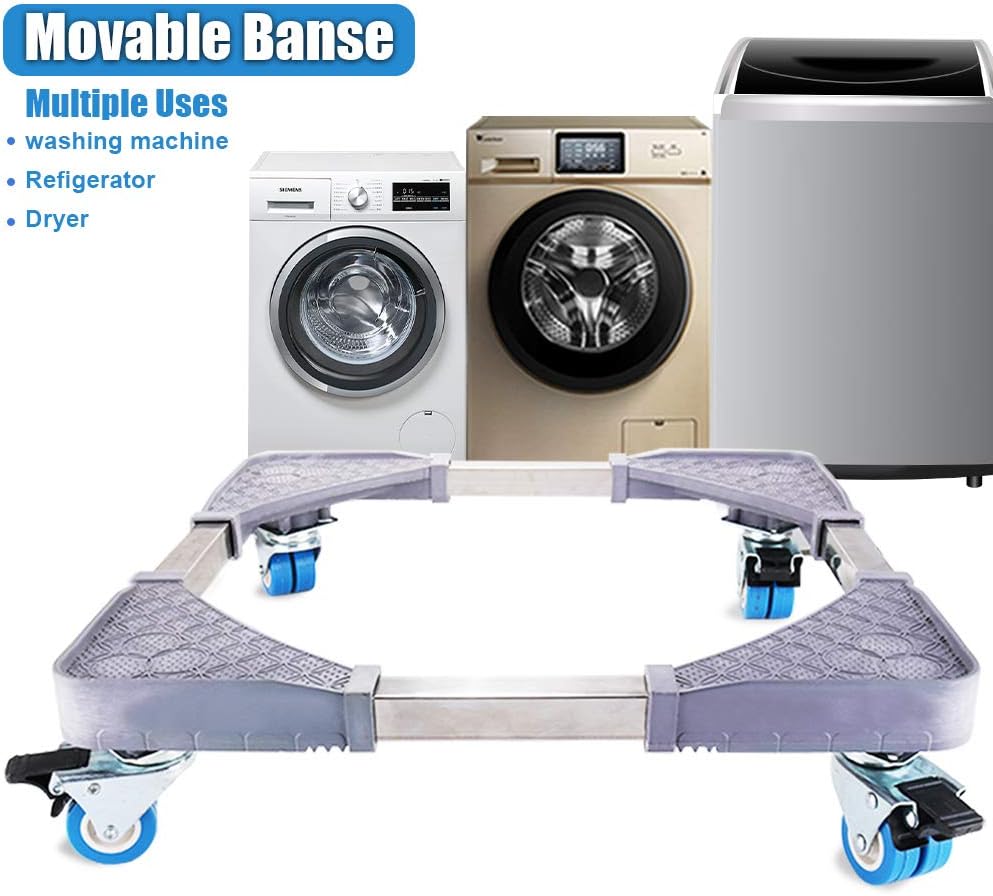 Mobile Bases Adjustable Washer Dryer Dolly Movable Base with 8 Locked Rubber Swivel Wheels Universal Stand Portable Base for Washing Machine Refrigerator Vertical Air Conditioning Furniture