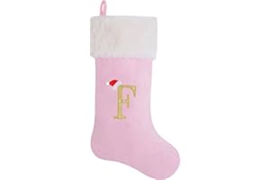 AUAWMLK 20-Inch Letter Embroidered Christmas Stocking Thick and Luxurious Pink Velvet with Super Soft Plush Cuff Personalized Festival Decoration for Xmas and New Year Party(Letter F)