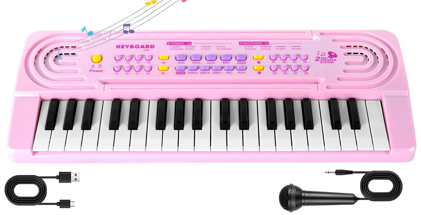Electronic Piano Keyboard 37 Keys, Multifunctional Portable Digital Music Pianos with Microphone, Dual Speakers for Kids 3-10, Beginners (Pink)