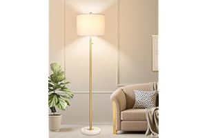 NINTIUE 【Upgraded】Dimmable Gold Floor Lamp for Living Room, 11W LED Bulb Included, Modern Standing Lamp with Marble Base, Tall Pole Light with White Linen Shade for Bedroom Reading Office Corner Nursery