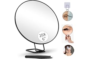 SUUPVAOR 6" 20X Magnifying Mirror with 3 Suction Cups and 360° Adjustable Stand, Large Makeup Mirror with 20X Magnification for Handheld, Table, Wall-Mounted, Travel Compact Magnifier Mirror with Tweezers Set