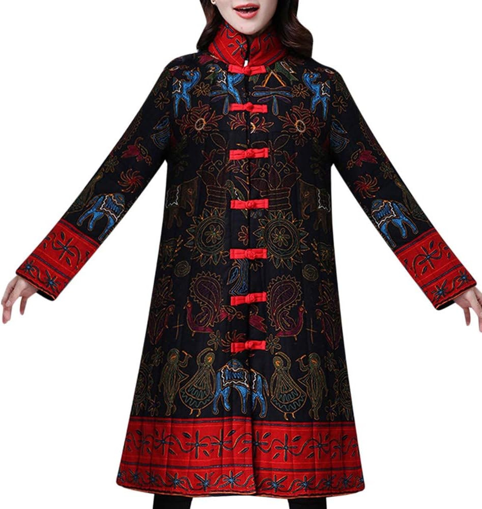 Women Winter Warm Cotton Linen Ethnic Print Buttons Pockets Long Coat Outwear Black