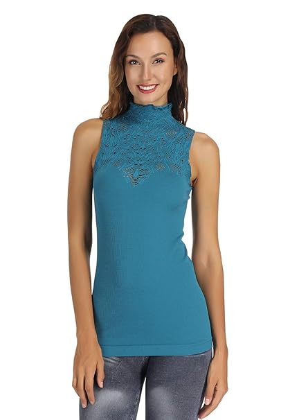 Disbest Damen Spitze Tops, Rollkragen Stretch Pullover Spitze Tank Top Ärmellos Weste Tops