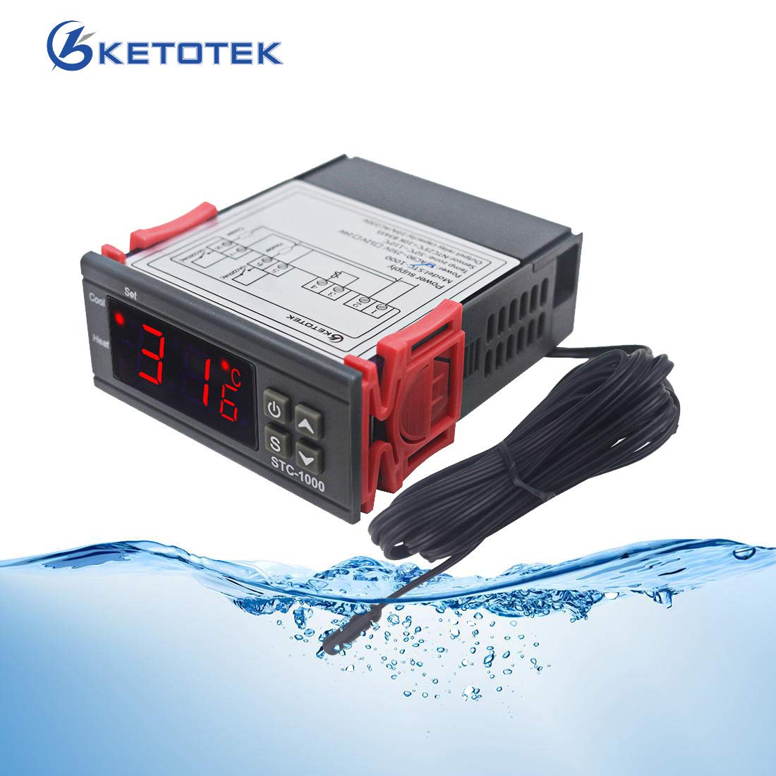 KETOTEK Temperature Controller KT1000, Digital Thermostat Dual Relay AC 220V with NTC Waterproof Sensor Probe