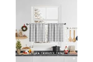 Bapawfish Grey Buffalo Plaid Cafe Curtain Farmhouse Tiers Kitchen Curtains 24 Inches Long, Gingham Check Rod Pocket Half Window Short Drapes for Kitchens Bathroom, 28" x 24", Silver/Gray, Set of 2