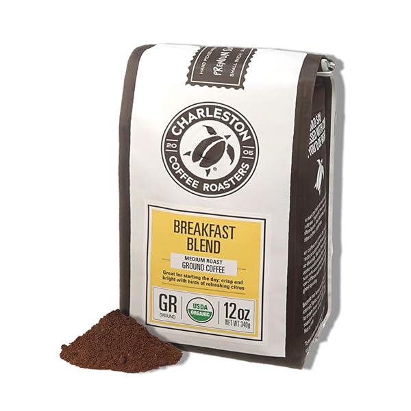 CHARLESTON COFFEE ROASTERS | SPECIALTY ORGANIC GROUND COFFEE | HAND PICKED, PREMIUM SLOW ROAST (BREAKFAST BLEND, MEDIUM ROAST) 12OZ