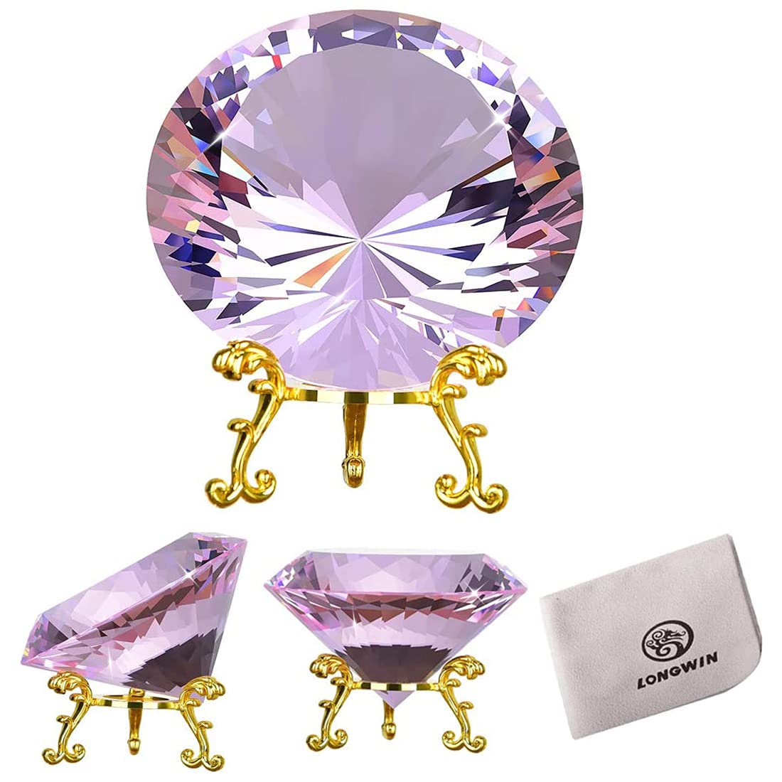 LONGWIN 80mm(3.1 inch) Crystal Diamond Paperweight Jewels Backgrand for Wedding Anniversary Gifts Home Decor with Gold Metal Base (Pink)