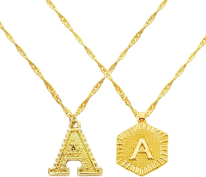 Yellow 18K Gold Plated Initial Letter Necklace, 2PCS AZ