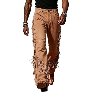 Mens Cowboy Western Pants Vintage Tassel Fringe Faux Suede Leather Trousers with Pockets Button Front Cowboy Costume