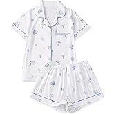 OYOANGLE Women's Plus Size Pajama Set Graphic Print Button Down Sleepwear Shorts Pjs Lounge Set