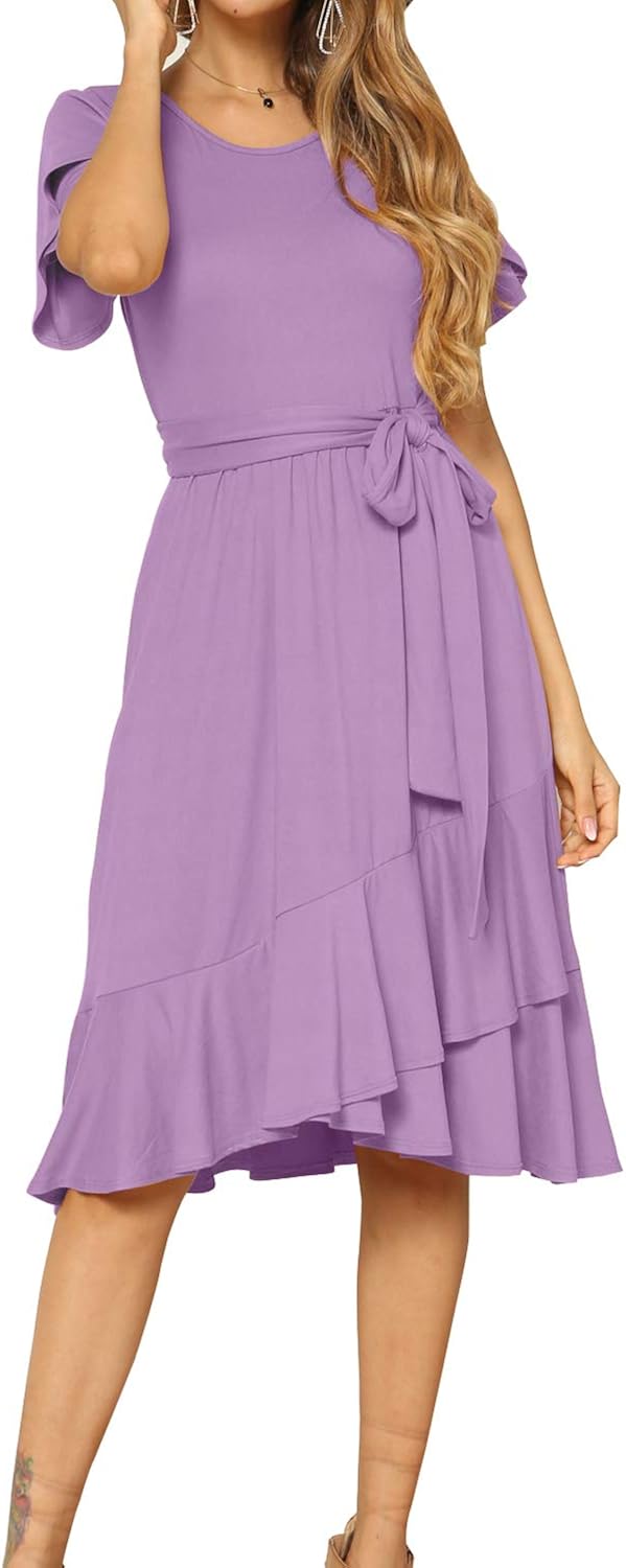 levaca women's plain casual flowy short sleeve midi dress with belt