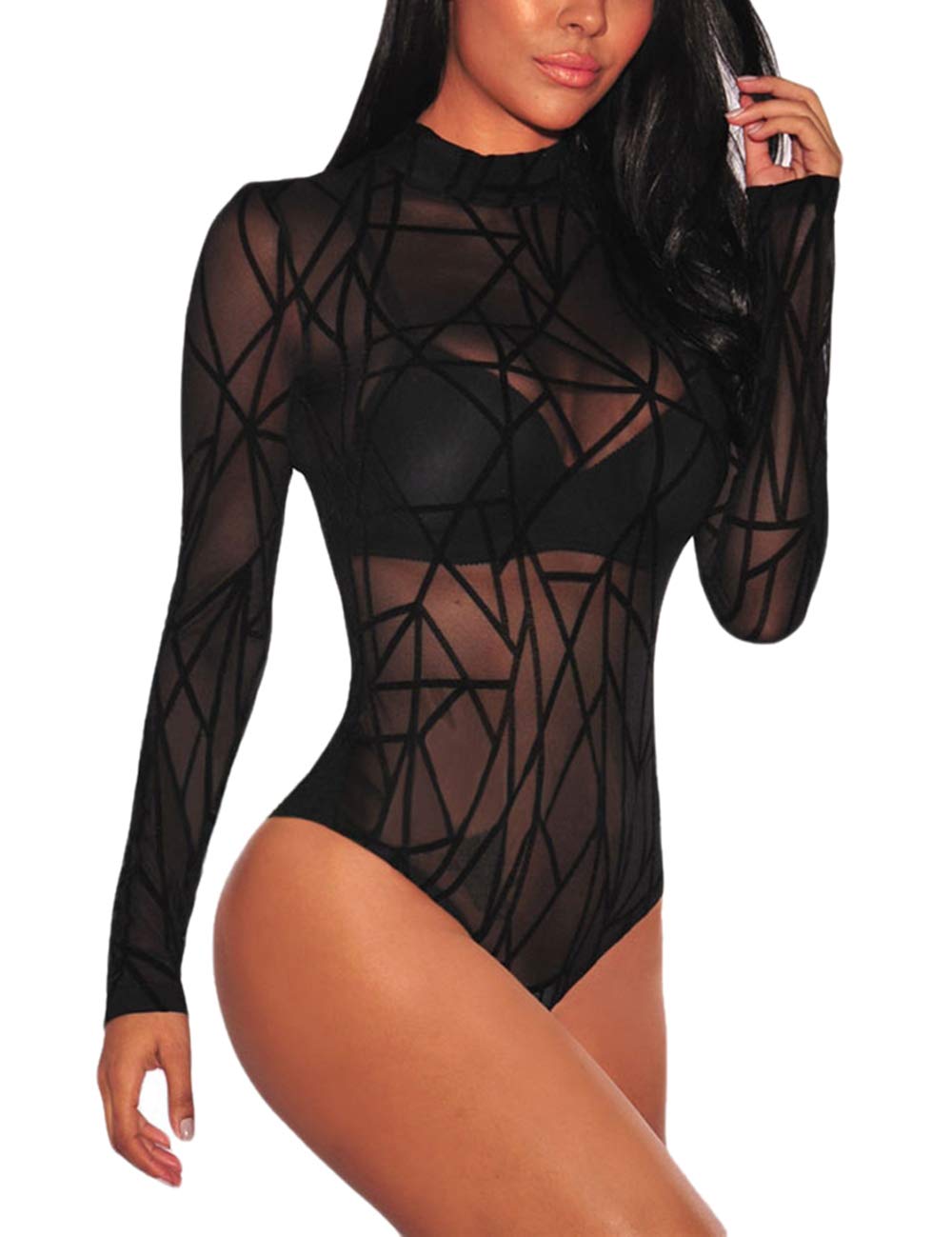 SEBOWEL Women's Long Sleeve Mesh Turtleneck Bodysuit - Sheer See-Through Jumpsuit Lingerie Top - View #3