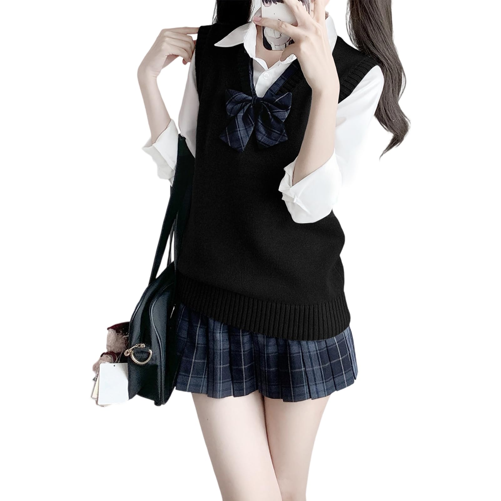 [Formemory] スクールベスト 女子 学生 制服 ニットベスト Vネック ニットセーター ノースリーブ 袖なし 重ね着 ふわふわ 綿 ゆったり 丈夫 薄手 無地 可愛い お洒落 通学 通勤 高校生 中学生 学院風 男女兼用 10色 (JP, アルファベット, 2XL, ブラック) の商品画像