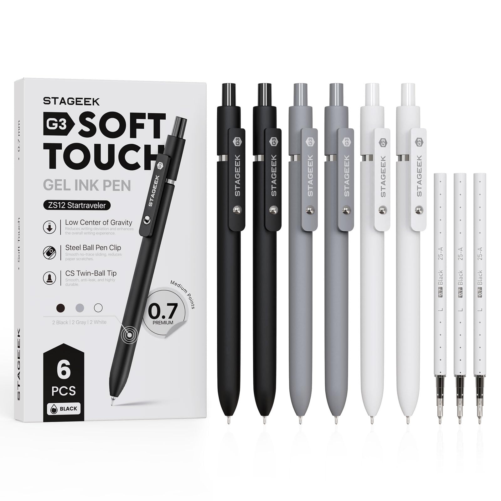 Photo 1 of STAGEEK Black Gel Pens, 6Pcs Fine Point Smooth Writing Pens with 3 Extra Refills, Quick Dry Black Ink Pens for Journaling, Office, Note Taking, School Supplies, Nurse Aesthetic(Black Gray White)