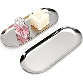 2PACK Silver Decorative Tray,Oval Stainless Steel Trays, Decorative Tray for Jewelry Dish Cosmetics Organizer Bathroom Clutter Serving Platter (Silver, 10 in)