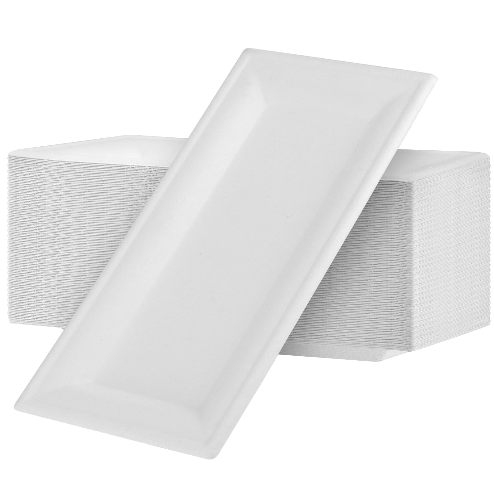 KOHAND 100 Pack Rectangular Paper Plates, 26 x 13cm White Bagasse Sugarcane Disposable Tableware for Picnic, Parties, BBQ, Daily Use
