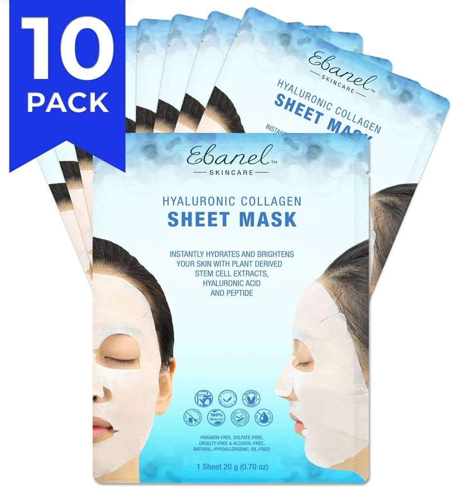 Ebanel 10 Pack Korean Collagen Face Mask Sheet, Deep Moisturizing Instant Hydrating Hyaluronic Acid Facial Masks for Skin Brightening Anti-Aging Anti-Wrinkle with Stem Cell Extracts and Peptide
