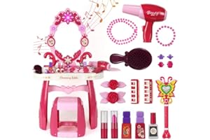 WHIMZYWINK Toddler Vanity Set with Mirror, Lights & Music – Pink Princess Makeup Table with Stool, Pretend Play Beauty Salon Toy with Hair Dryer & Accessories for Little Girls Ages 3–5 Dress Up Gift (Pink)