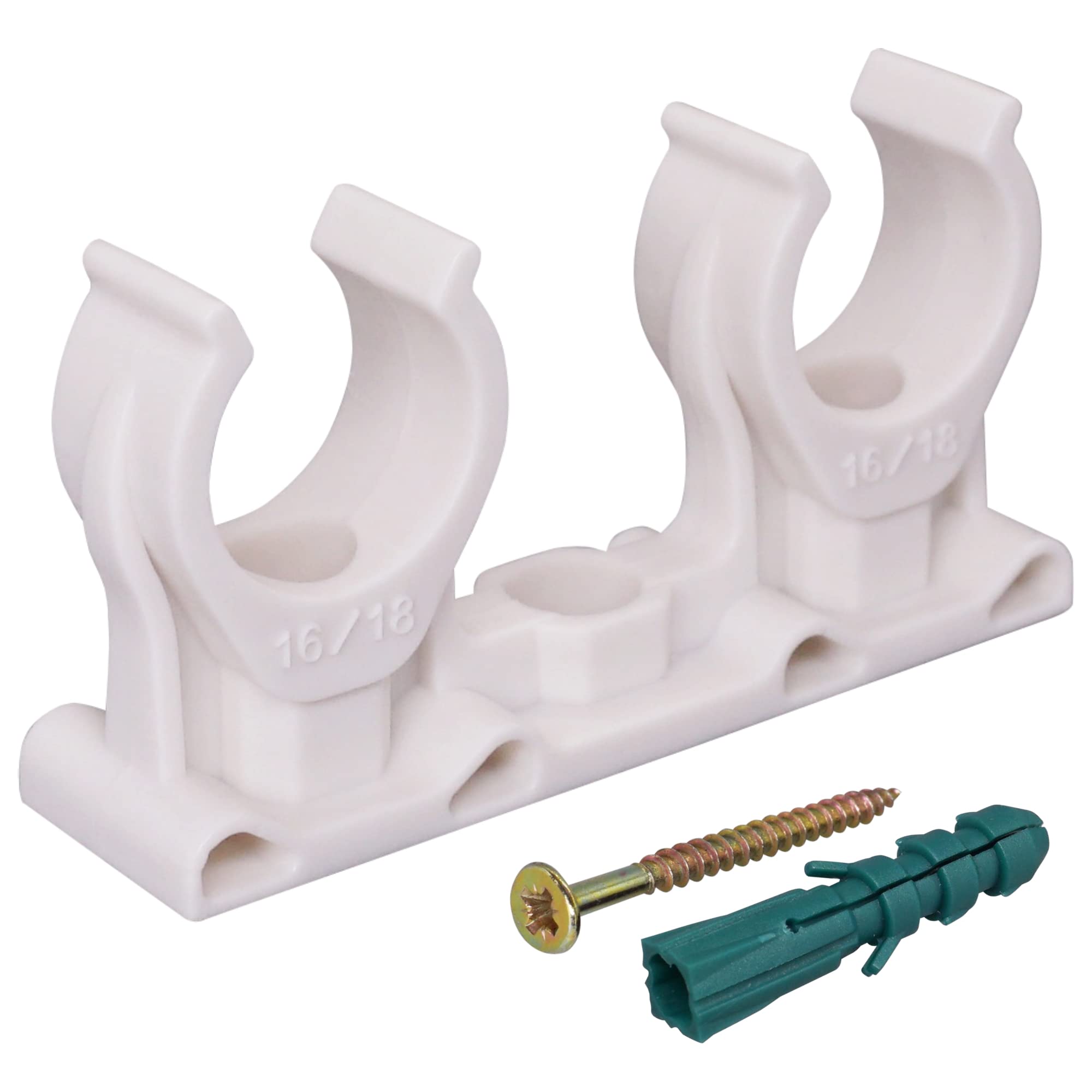 SKIR'CO (10 pcs) Double Pipe Clips, Plastic Clamps for 16-18 mm Pipes, U Type Pipe Clamp, Tubing White Clips, Hose Hangers