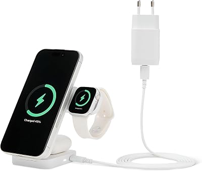 Station de Recharge sans Fil 3 en 1 25 W certifiée Qi2.2, Support Pliable Compatible MagSafe pour iPhone 17/16/15/14/13/12, Apple Watch, AirPods, avec Adaptateur 45 W, Blanc