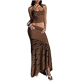 Milumia Women's 2 Piece Outfits Ruffle Trim Cami Crop Top and Low Rise Maxi Skirt Set
