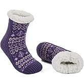 LEMZONE Women's Winter Slipper Socks with Grippers, Warm Cozy Fuzzy Fleece-lined Cabin Socks Christmas Gifts