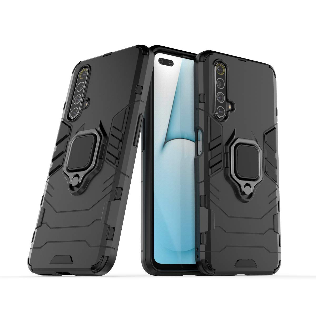 MRSTER Realme X50 5G Case, Heavy Duty Armor Dual Layer Shock Resistant Hybrid Protective Case Cover with Ring Holder Kickstand for Realme X50 5G. HB Black — image 1