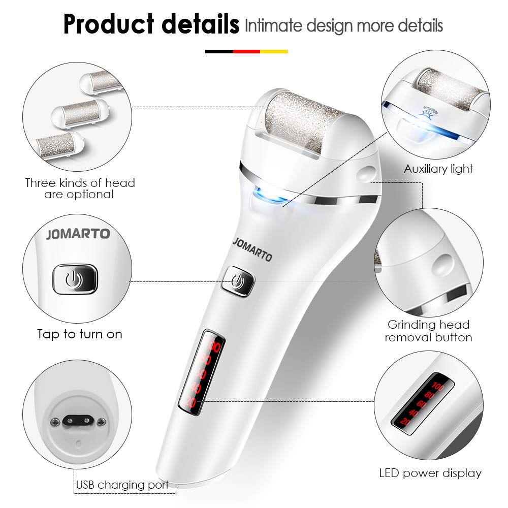 Callus Remover for Feet, Electric Foot File Rechargeable Pedicure Tools, JOMARTO Professional Callous Remover Kit with 3 Coarse Roller Heads, LED Light, 2 Speeds for for Cracked Heels and Dead Skin : Beauty
