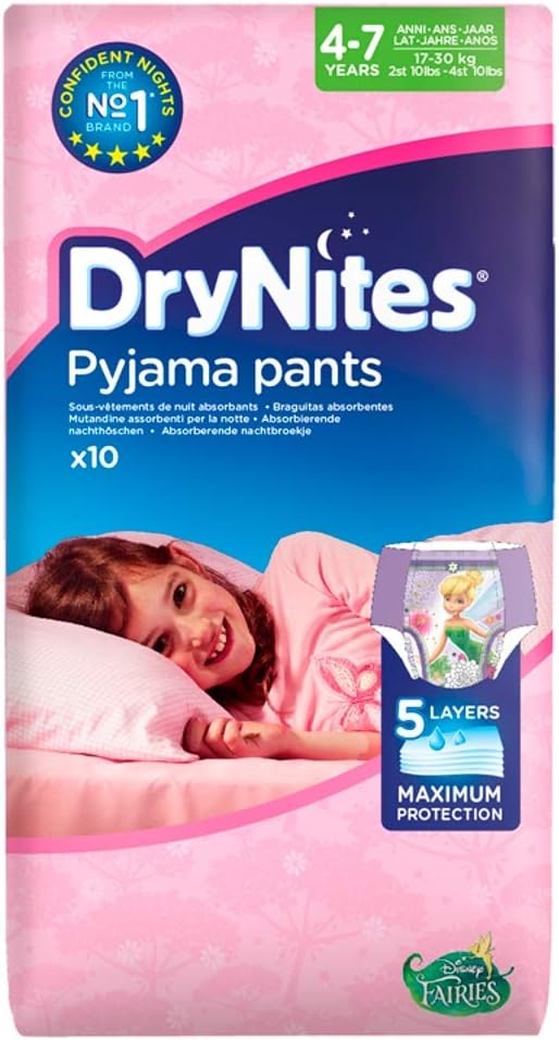 Huggies DryNites Pyjama Pants, Girls 4-7 Years (17-30KG), Up to 100% Leak Free Nights, Bedwetting Pants, 10 Count