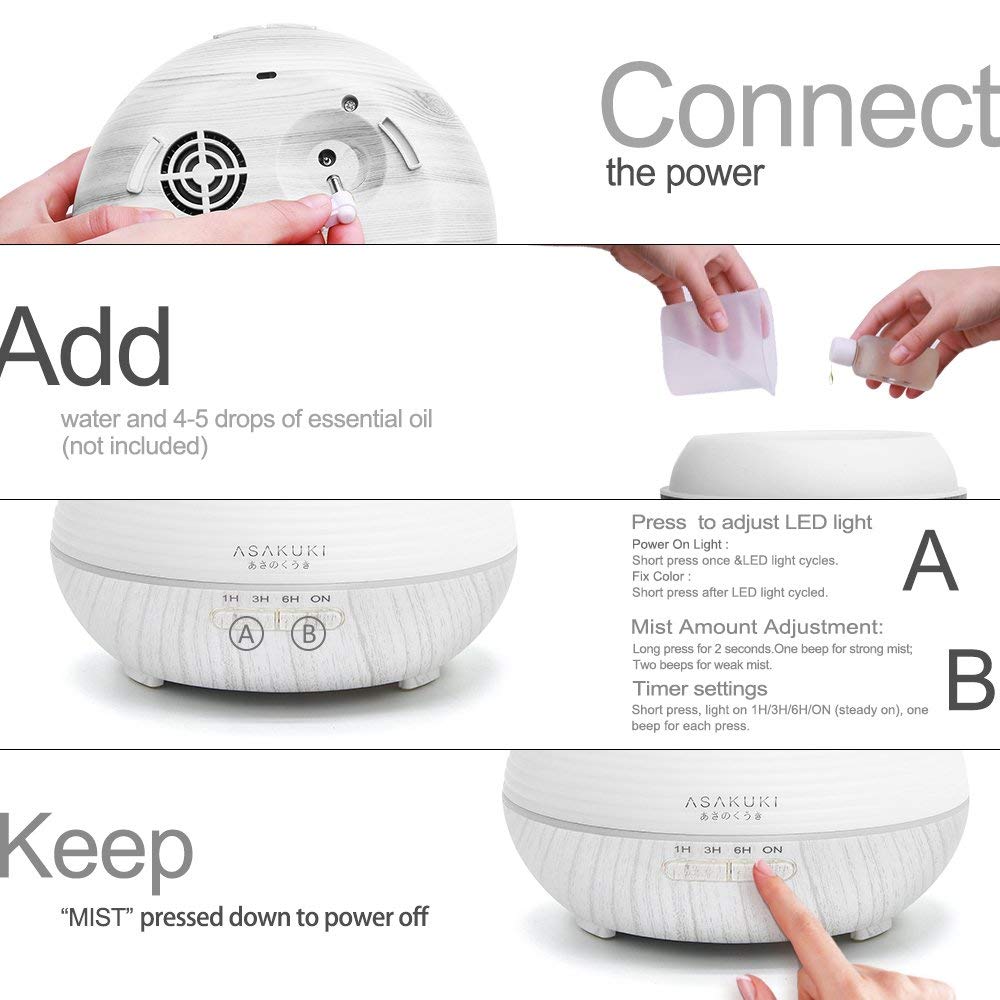 ASAKUKI 300ml Essential Oil Diffuser, Premium 5 In 1 Ultrasonic