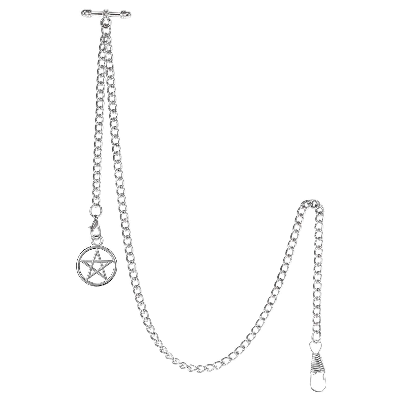 TREEWETO Men's Albert Chain Pocket Watch Curb Link Key Chain 2 Hooks with Antique Five-Pointed Star Pendant Design Charm Fob T Bar, Silver