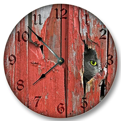 Old Red Barn Boards with Barn Cat pattern WALL CLOCK rustic cabin country wall home decor