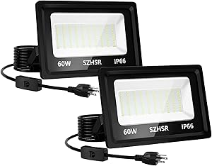 2 Pack LED Flood Light, 60W Flood Light Outdoor, 6000 Lumen Super Bright Work Light with Plug, 5000K Daylight White, IP66 Waterproof Outdoor Floodlights for Yard, Garden, Playground, Porch
