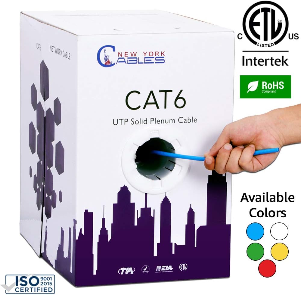 CAT6 Plenum (CMP) Bulk 1000ft Ethernet Cable | ETL Listed | Blue, White, Green, Yellow & Red | FLUKE Tested | 550MHz, 23AWG, UTP - Blue