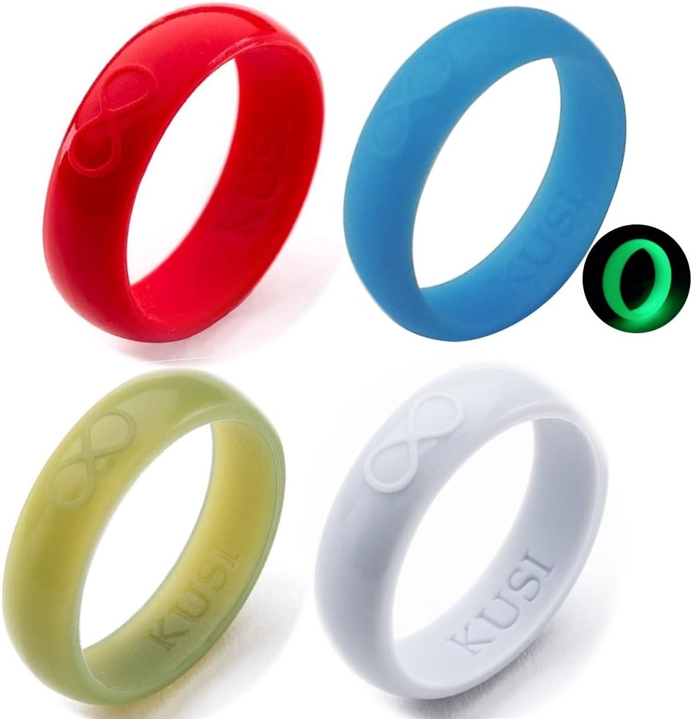 KUSI Silicone Wedding Ring Band for Women Committed to Active Lifestyle, Infinity Bands, Rubber, Comfort Fit, Black, Glow in The Dark and More, Singles and 4 Pack Sets