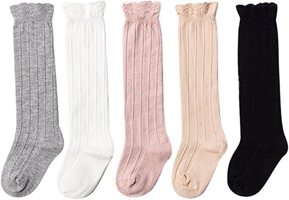 5 Pairs Baby Girls Cotton Knee High Socks Kids Toddle Over Calf Knee High Socks