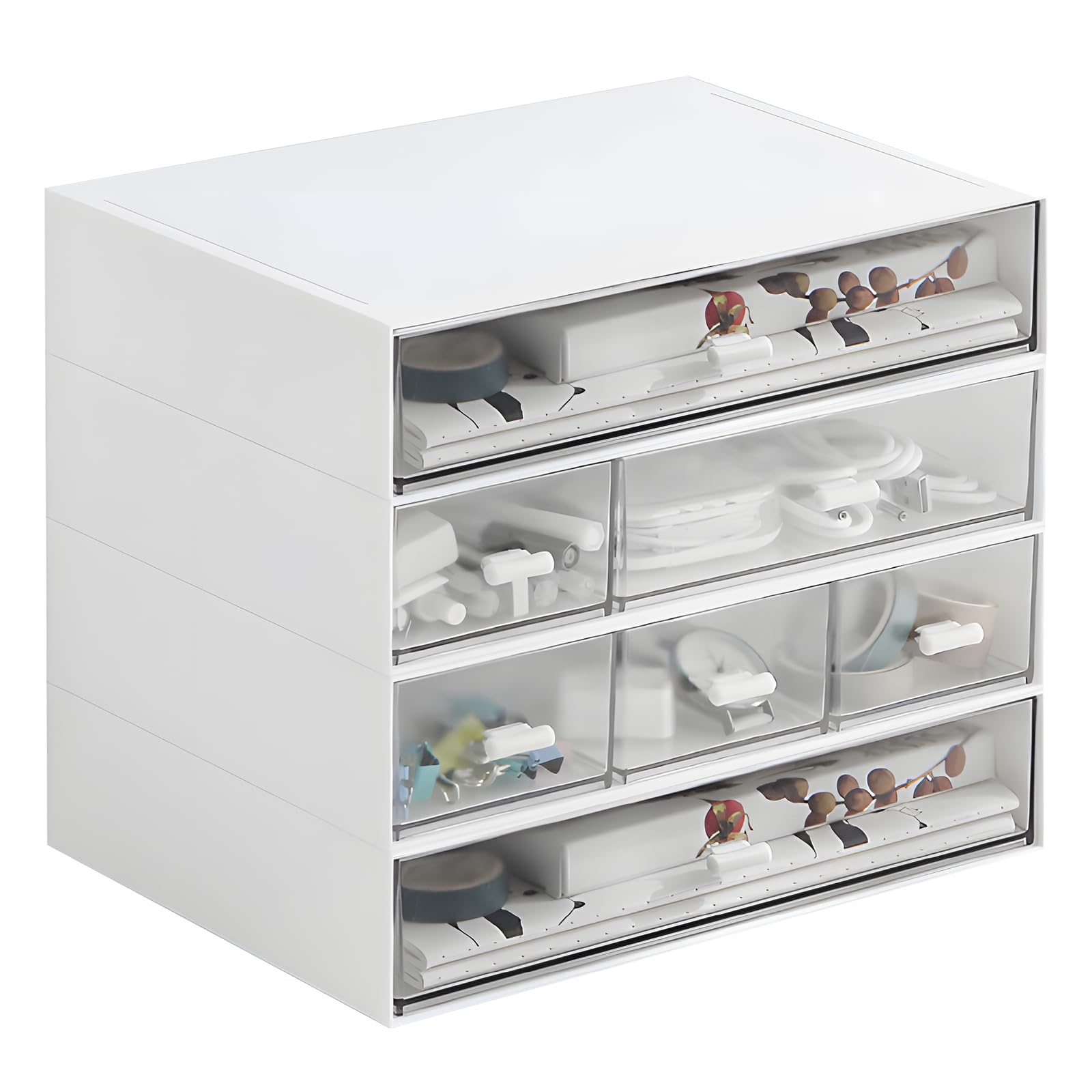 Desktop Drawers, Desktop Storage Drawers Stackable Organizer Plastic Storage Drawers Clear Drawers for Collection Small Item Home Collection Cosmetic Office Supplies 7 Drawers Large Capacity-White