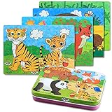 BBLIKE Wood Jigsaw Puzzles for Kids Toy in Tin Box, 4 Varying Degree of Difficulty Educational Learning Tool Best Birthday Present for Boys Girls (Animal)