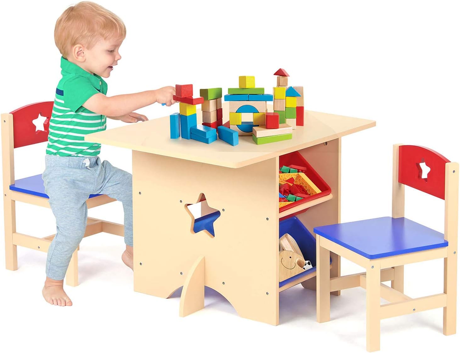Taylor & Brown® Children's Nursery Wooden Star Play Table and 2 Chairs Set with 4 Storage Boxes