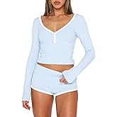 REVETRO Womens Sexy V Neck Pajama Sets Spring Long Sleeve Lounge Sets 2 Piece Crop Top PJ Shorts Y2k Pajamas