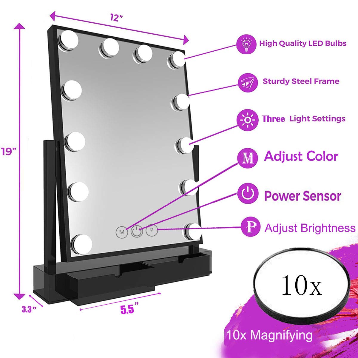 Hollywood Lighted Vanity Makeup Mirror,Light-up Professional Mirror with storage,Multiple Color Modes, Large Cosmetic Mirror with 12 Dimmable Bulbs for Dressing Table