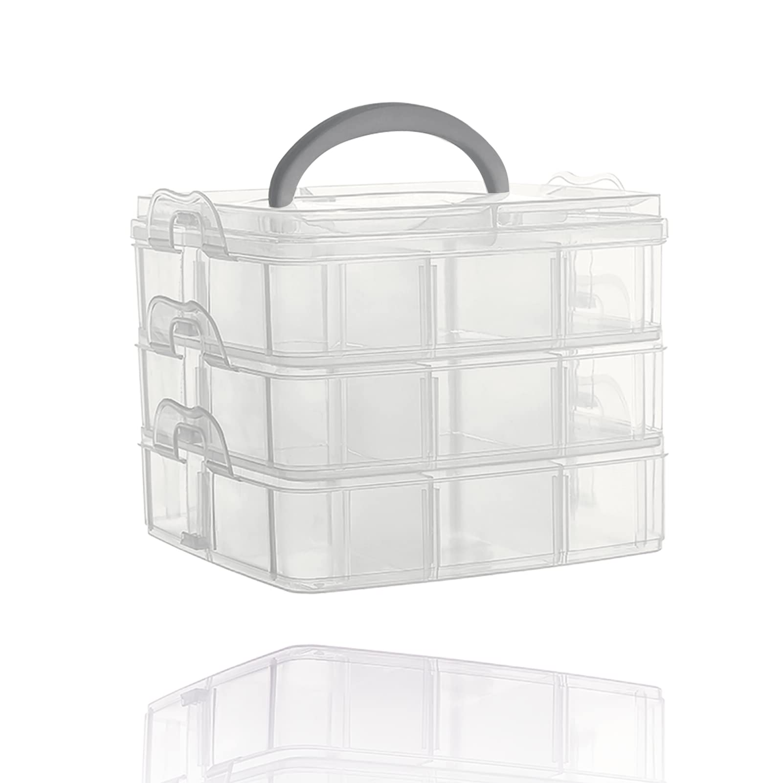 LUOLIPEYA 3 Tier Small Stackable Storage Container Box with Handle, Plastic Craft Organizer Case with 18 Adjustable for Washi Tapes, Art Supplies, Jewelry (5.9 x 5.83 x 4.88 in) (transparent)